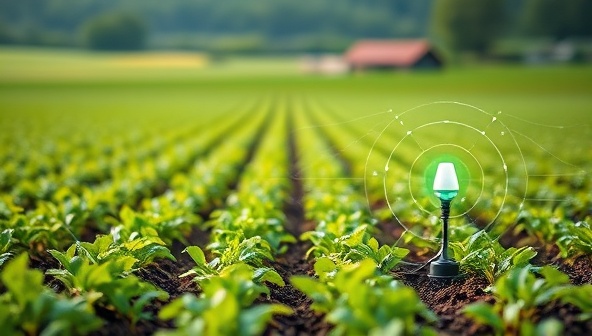 An innovative image of a smart sensor network in a lush field, with sensors embedded in the soil and plants, transmitting data wirelessly to a central hub, showcasing the futuristic technology and precision farming approach of the IoT monitoring system.