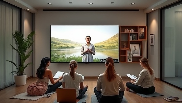 An online workshop setting with a serene background, featuring a wellness expert leading a session with participants engaging in discussions, taking notes, and practicing mindfulness exercises, conveying a sense of tranquility and learning.