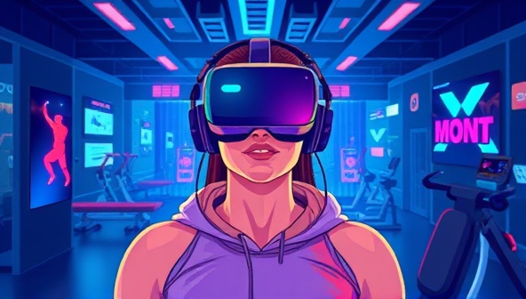 A dynamic digital illustration showing a user wearing a VR headset, immersed in a virtual reality fitness environment, surrounded by futuristic workout equipment and motivational visuals, highlighting the immersive and engaging nature of the experience.