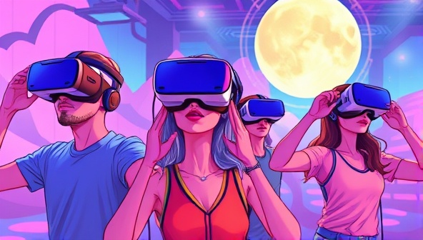 An imaginative illustration of users wearing VR headsets, fully immersed in a vibrant virtual world, engaging in dynamic fitness challenges and adventures, highlighting the blend of technology and fitness excitement offered by VR FitQuest.