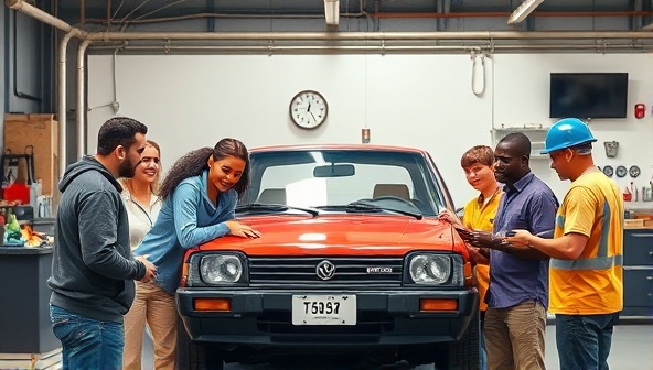 An engaging visual representation of a diverse group of car owners and mechanics gathered around a vehicle, exchanging knowledge and tools, symbolizing community collaboration and shared car care experiences.