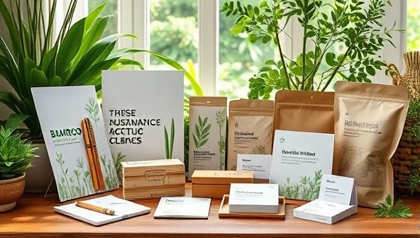 An array of sustainable marketing materials like bamboo pens, seed paper business cards, and compostable packaging, arranged in a nature-inspired setting with greenery and natural light, conveying eco-consciousness and innovation.