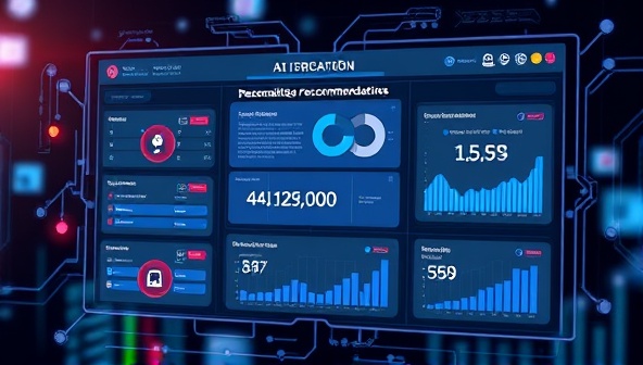 An innovative digital visualization featuring a futuristic AI interface displaying personalized marketing recommendations for a small business owner, with graphs, charts, and suggested actions, illustrating the power of AI in marketing decision-making.