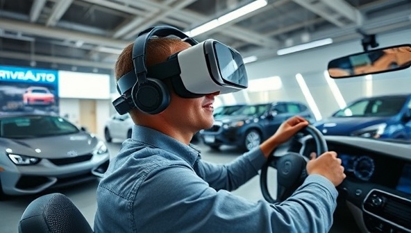 An immersive VR scene showcasing VirtuAuto Showcase, where a user wearing a VR headset explores a lifelike car showroom environment, interacts with virtual vehicle models, and experiences a simulated test drive, capturing the futuristic and engaging nature of the virtual car-buying experience.
