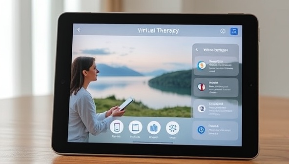 A serene virtual therapy session setting displayed on a tablet screen, with a therapist providing guidance to a client, calming nature visuals in the background, and interactive tools for self-reflection and coping strategies, creating a safe and supportive space for mental health care.