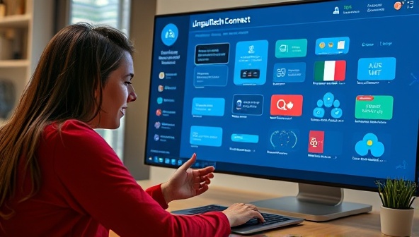 An image of a user engaging with the LinguaTech Connect platform, practicing a new language with the help of an AI tutor and interactive exercises, illustrating a dynamic and immersive language learning experience.
