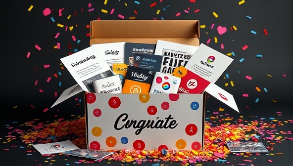 A beautifully designed subscription box filled with marketing materials, branded merchandise, and creative promotional items, surrounded by colorful confetti and inspiring messaging, evoking excitement and creativity in marketing efforts.