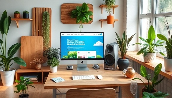An eco-friendly web design agency workspace featuring sustainable materials, energy-efficient computers, and green plants, with a website design project on the screen promoting renewable energy solutions, showcasing the agency's dedication to sustainable design practices and environmental responsibility.