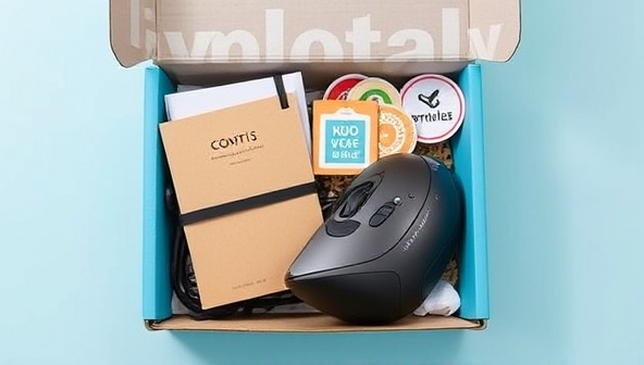 An aesthetically pleasing box filled with a variety of remote work essentials such as a sleek notebook, premium coffee blend, ergonomic mouse, and motivational stickers, creating a visual representation of productivity and comfort in remote work settings.