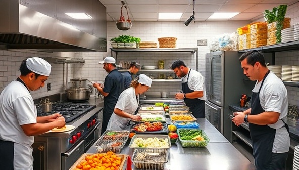 A bustling commercial kitchen space filled with chefs and food entrepreneurs working on their culinary creations, with modern equipment, ingredient-filled shelves, and a supportive mentor guiding a startup founder, illustrating a dynamic and collaborative environment for culinary innovation.