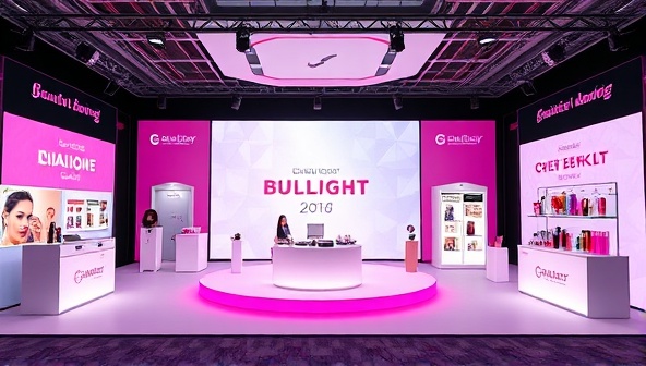 A visually appealing virtual beauty event setup featuring a digital stage, interactive chat features, branded beauty product displays, and virtual networking areas, creating a dynamic and engaging online beauty event ambiance.