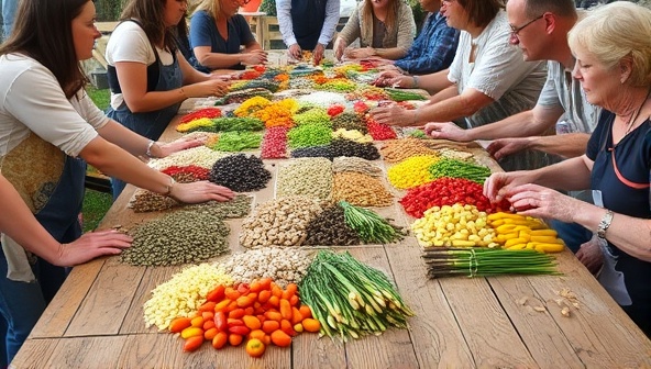 A vibrant and diverse array of seeds spread out on a rustic wooden table at a community seed swap event, with participants engaged in lively exchanges, sharing stories and gardening tips, fostering a sense of community and biodiversity preservation.