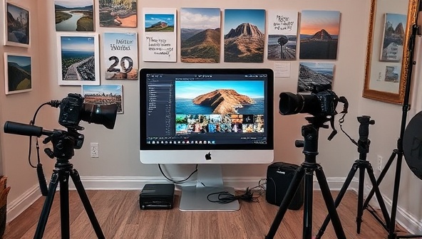A virtual photography studio setup with cameras, tripods, and editing software displayed on a computer screen, surrounded by travel photos and inspirational quotes, fostering a creative and educational atmosphere of PicturEscape Workshops.