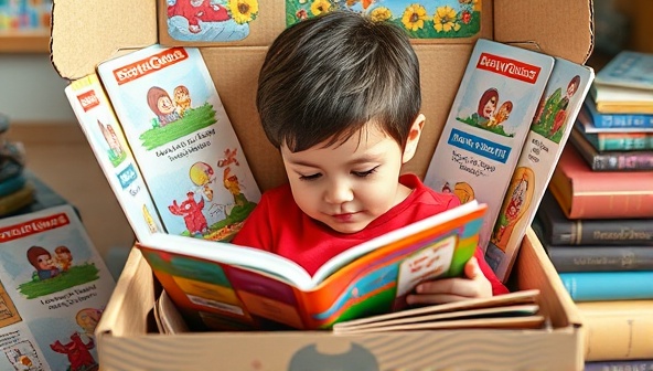 An image of a young reader immersed in a StoryQuest Kids subscription box, exploring colorful books, interactive activities, and creative storytelling kits, with elements of adventure and fantasy themes incorporated into the box design, sparking imagination and curiosity in young minds.