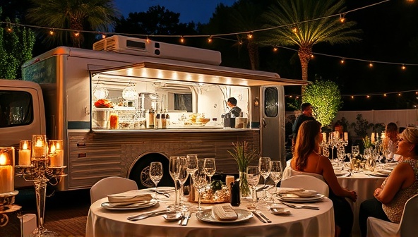 A luxurious outdoor event setup featuring Rolling Bistro Elegance's gourmet food truck surrounded by elegant decor, champagne glasses, and beautifully plated dishes, with guests enjoying a sophisticated dining experience under the stars, highlighting the upscale catering services provided by the business.