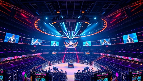 An epic digital arena filled with colorful lights and screens displaying different game titles, symbolizing the excitement and competition of virtual gaming tournaments.