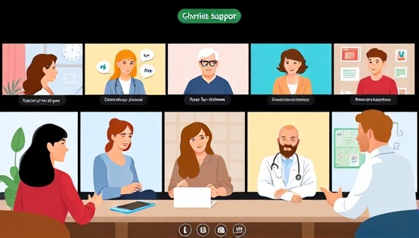 A digital illustration of a virtual support group meeting for individuals with chronic diseases, showing diverse participants engaging in discussions, sharing tips, and receiving coaching from healthcare professionals, promoting community and wellness support.