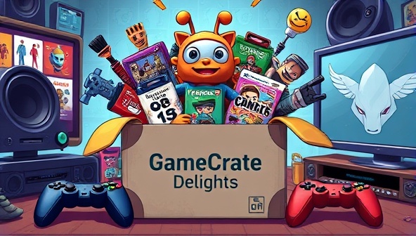 An artistic depiction of a colorful gaming subscription box bursting with exciting items like game figurines, apparel, accessories, and game codes, surrounded by a gaming setup and controllers, conveying the joy and surprise of receiving a GameCrate Delights box.