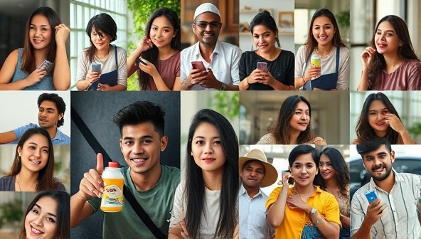 A vibrant collage of diverse local influencers in different settings, showcasing their authenticity and local appeal, with various products subtly integrated into the scene, illustrating the potential for impactful partnerships.