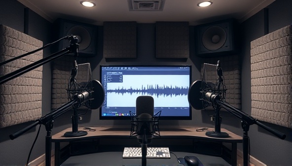 A sleek and modern virtual studio setup with professional microphones, soundproofing panels, and a computer screen displaying audio waveforms, creating an immersive podcast production environment.