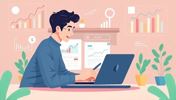 An engaging digital illustration of a Millennial interacting with a virtual financial advisor on a laptop screen, surrounded by financial charts and graphs, conveying a modern and tech-savvy approach to financial planning and management.