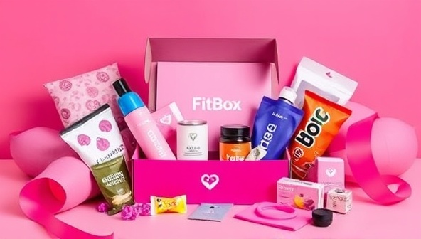 An elegantly designed subscription box filled with vibrant fitness products, workout accessories, and healthy snacks, arranged in a visually appealing layout that exudes energy and motivation, inviting customers to embark on their fitness journey with FitBox Delight.