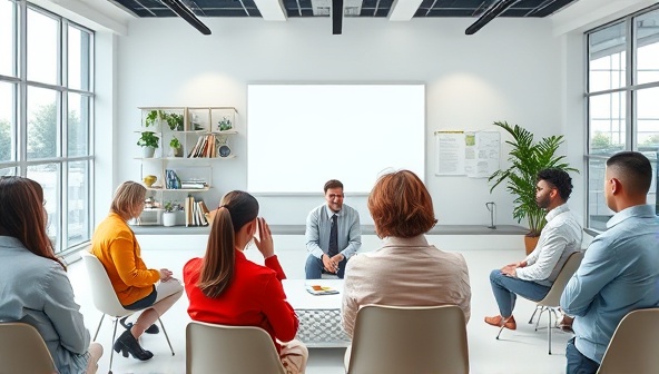 A collaborative virtual workspace scene showing a diverse group of corporate employees engaging in a wellness coaching session led by a professional coach, with interactive activities and positive interactions highlighting teamwork and well-being in the workplace.