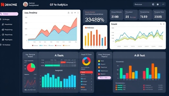 A digital dashboard displaying real-time website analytics, user engagement metrics, and A/B test results, with colorful data visualizations and performance indicators, illustrating the power of data-driven insights in optimizing web design and user experience.