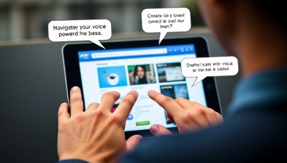 A user interacting with a website using voice commands on a digital device, with speech bubbles indicating successful actions like navigation, search, and content access, showcasing the convenience and hands-free browsing experience of voice-powered website navigation, inspiring users to try the innovative tool.
