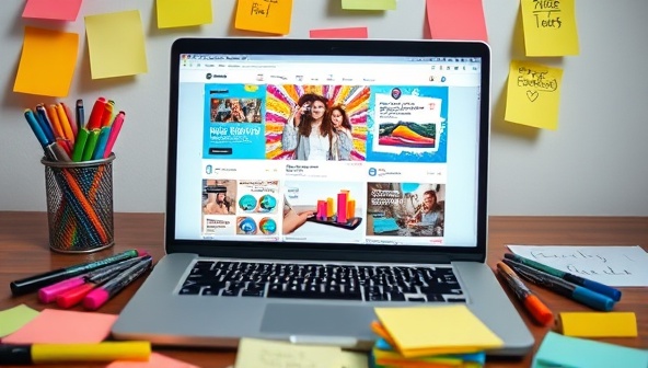 A laptop displaying vibrant, customized social media posts with high engagement metrics, surrounded by colorful markers and sticky notes for brainstorming, conveying creativity and strategy in content creation.