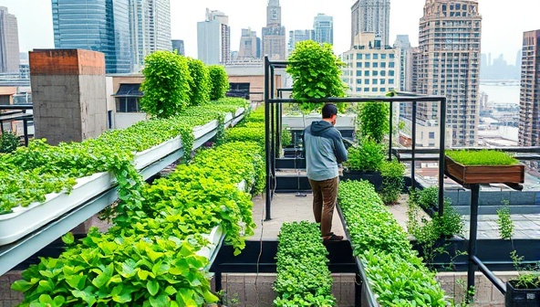 An urban oasis image showcasing a rooftop garden with lush greenery, vertical hydroponic systems, and urban farmers tending to the crops, creating a vibrant and sustainable urban farming environment, symbolizing innovation and sustainability in urban agriculture.