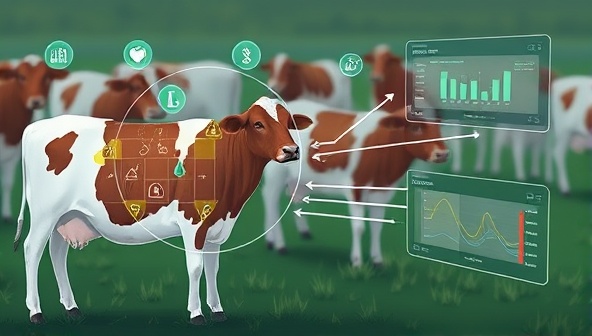An illustration of smart sensors attached to livestock, monitoring their health and behavior in real-time, with data visualization screens displaying insights for farmers, emphasizing the innovative approach to livestock management.