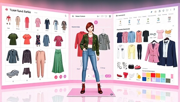 An artistic rendering of a virtual fashion design studio interface, featuring a diverse range of customizable clothing items, color palettes, and design elements, with a user creating a stylish outfit on a sleek digital platform, highlighting the creativity and customization options available to users.