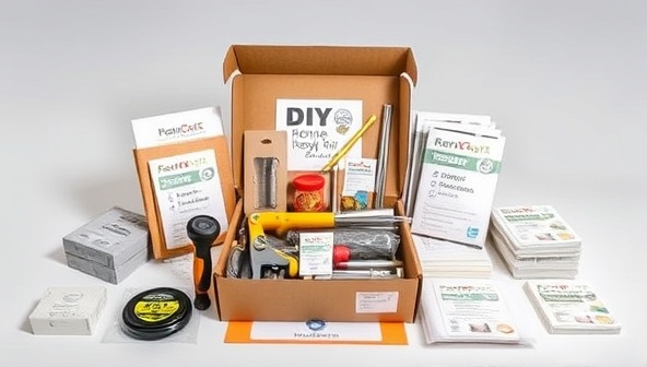 An innovative DIY home renovation kit box design featuring a variety of tools, materials, and instruction manuals neatly organized and labeled, ready for homeowners to embark on their renovation projects, conveying the convenience and completeness of Renovate Ready Kits.