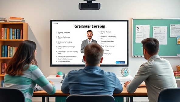 A digital classroom setting with a virtual tutor guiding students through interactive grammar exercises on a computer screen, surrounded by language reference books and study materials, symbolizing learning and knowledge acquisition in a virtual environment.