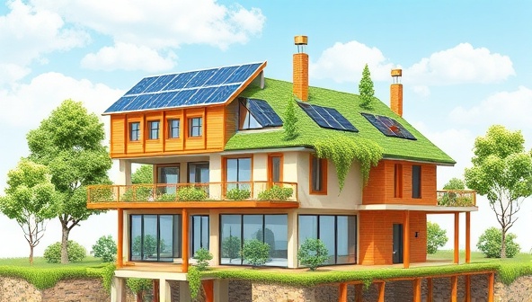An artistic representation of a sustainable architectural project showcasing solar panels, green roofs, natural ventilation systems, and eco-friendly building materials, illustrating the core principles of sustainable architecture consultancy services offered by the business.