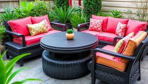 An outdoor patio setup featuring a cozy seating area with a table made from upcycled tires and colorful cushions, surrounded by lush greenery, highlighting the innovative and sustainable design of TireCraft Creations.