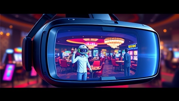 A futuristic virtual reality headset displaying a vibrant and bustling virtual casino environment, with avatars interacting and playing various casino games, highlighting the immersive and social aspect of the platform.