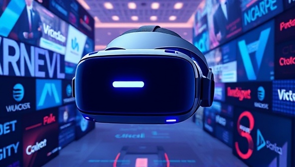 A futuristic VR headset surrounded by virtual branding elements and immersive environments, symbolizing the cutting-edge technology and creative possibilities offered by VRimagine in delivering experiential marketing experiences that transcend traditional boundaries.