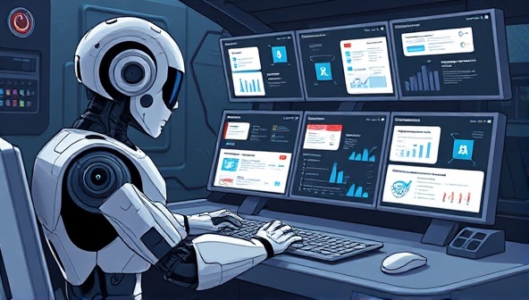 An illustration of a futuristic robot managing a control panel with multiple screens displaying various email campaigns and analytics data, symbolizing the efficiency and automation capabilities of the email marketing platform powered by AI technology.