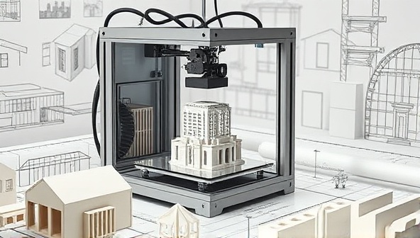 An artistic visualization of a 3D printer in action, creating intricate architectural components with precision and speed, surrounded by construction blueprints and design sketches, symbolizing the future of construction technology and innovation in building processes.