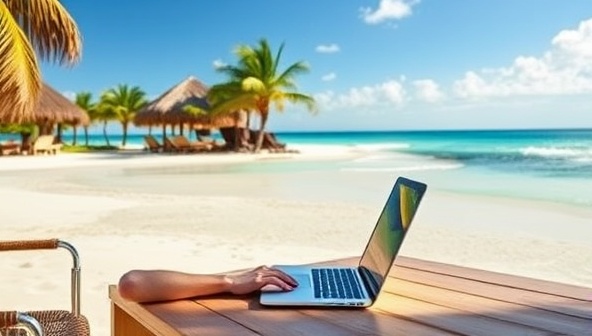An image of a remote worker at a scenic beachfront workspace with a laptop, overlooking crystal clear waters and palm trees, showcasing the ideal workation setting that balances work productivity with serene natural surroundings and travel experiences.