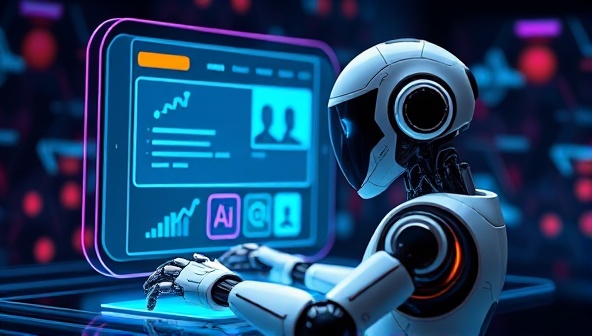 A futuristic AI-powered robot designing a website on a holographic interface, with sleek, modern elements and vibrant colors, symbolizing cutting-edge technology and creativity.