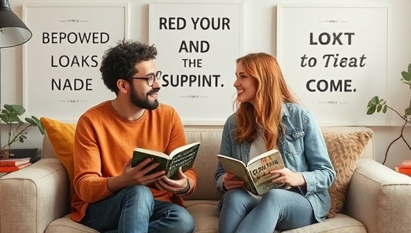 A diverse pair of mentor and mentee engaged in a mentoring session in a cozy and inspirational setting, surrounded by books and motivational quotes, symbolizing guidance and personal development in mentorship relationships.