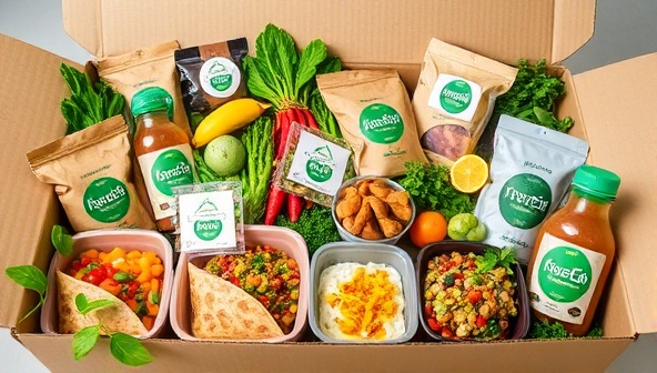 A vibrant and wholesome meal box display featuring an array of colorful plant-based dishes, snacks, and beverages, arranged in eco-friendly packaging with leafy greens and fresh herbs, conveying the freshness and variety of GreenEats Express' vegan meal offerings.