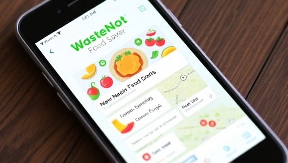 A vibrant smartphone screen displaying the WasteNot Food Saver app interface with colorful food icons, nearby food deals, and a map showing participating food establishments, illustrating a user-friendly and engaging platform for rescuing surplus food and reducing food waste.