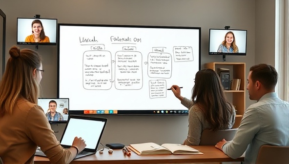 An engaging virtual writing workshop scene with a diverse group of writers sharing their screens, brainstorming ideas on a digital whiteboard, and receiving feedback from a mentor, fostering a collaborative and creative atmosphere for learning and growth.