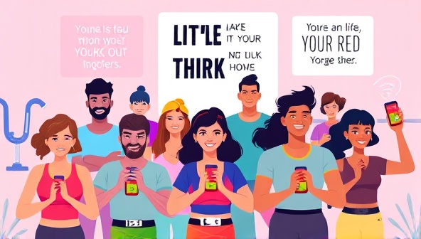 A vibrant and energetic digital illustration of a diverse group of people working out together virtually, with motivational quotes and fitness trackers in the background, conveying a sense of community and progress.