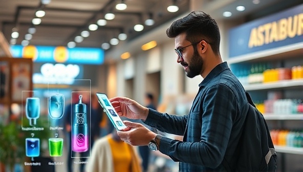 An imaginative image of a customer interacting with a product in an AR environment, showcasing the seamless integration of virtual elements into the physical world.