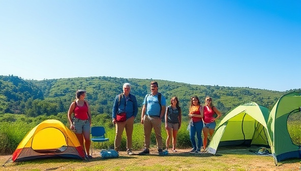 A vibrant outdoor scene with a diverse group of travelers happily using eco-friendly camping gear against a backdrop of lush greenery and clear blue skies, embodying sustainability and adventure.